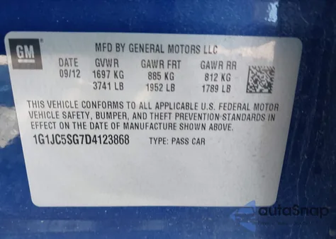 2013 Chevrolet Sonic Lt Auto z USA, uszkodzony, nr VIN 1G1JC5SG7D4123868